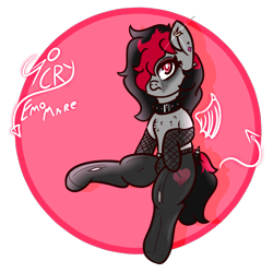 Size: 1054x1053 | Tagged: safe, artist:lazerblues, imported from derpibooru, oc, oc only, oc:miss eri, earth pony, pony, black and red mane, clothes, collar, ear piercing, makeup, pantyhose, piercing, running makeup, simple background, solo, transparent background, two toned mane