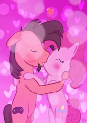 Size: 2090x2953 | Tagged: safe, artist:mrkat7214, imported from derpibooru, pinkie pie, oc, oc:ace play, earth pony, pony, bipedal, bipedal leaning, blushing, canon x oc, embrace, eyes closed, facial hair, female, goatee, heart, high res, kissing, leaning, male, pinkieplay, shipping, straight