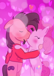 Size: 2090x2953 | Tagged: safe, alternate version, artist:mrkat7214, imported from derpibooru, pinkie pie, oc, oc:ace play, earth pony, pony, bipedal, bipedal leaning, blushing, canon x oc, clothes, embrace, eyes closed, facial hair, female, goatee, heart, high res, hoodie, kissing, leaning, male, pinkieplay, shipping, straight