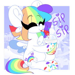 Size: 1280x1280 | Tagged: safe, artist:ladylullabystar, imported from derpibooru, oc, oc only, oc:vanilla sprinkles, pegasus, pony, big ears, chest fluff, female, mare, milkshake, multicolored hair, rainbow hair, solo