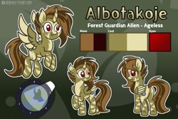 Size: 705x472 | Tagged: safe, artist:redpalette, imported from derpibooru, oc, oc:albotakoie, alicorn, alien, abstract background, alicorn oc, body markings, commission, cutie mark, flying, horn, outline, rear view, reference sheet, side view, smiling, spread wings, spread wingsfangs, stripes, white outline, wings