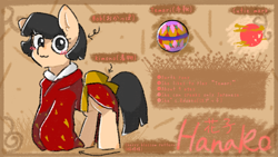 Size: 1280x720 | Tagged: safe, artist:metaruscarlet, imported from derpibooru, oc, oc only, oc:hanako (ice1517), earth pony, pony, ball, clothes, female, filly, kimono (clothing), reference sheet, solo