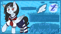 Size: 1280x720 | Tagged: safe, artist:metaruscarlet, imported from derpibooru, oc, oc only, oc:anime-chan, pegasus, pony, clothes, ear piercing, earring, jewelry, necktie, piercing, raised hoof, reference sheet, sailor uniform, school uniform, shirt, skirt, socks, solo, striped socks, uniform