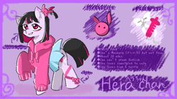 Size: 1280x720 | Tagged: safe, artist:metaruscarlet, imported from derpibooru, oc, oc only, oc:hera-chan, earth pony, pony, bags under eyes, clothes, ear piercing, earring, female, grin, hoodie, jewelry, mare, piercing, raised hoof, reference sheet, ribbon, skirt, smiling, solo