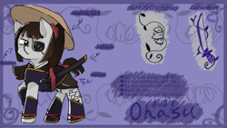 Size: 1280x720 | Tagged: safe, artist:metaruscarlet, imported from derpibooru, oc, oc only, oc:ohasu, earth pony, pony, armor, asian conical hat, belt, boots, clothes, eye scar, eyepatch, female, hat, katana, mare, ponytail, raised hoof, reference sheet, scar, shirt, shoes, skirt, solo, sword, tattoo, weapon