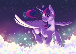 Size: 4096x2925 | Tagged: safe, artist:taytinabelle, imported from derpibooru, twilight sparkle, alicorn, pony, chest fluff, ear fluff, female, flying, high res, leg fluff, mare, night, sky, smiling, solo, spread wings, stars, twilight sparkle (alicorn), wings