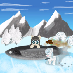 Size: 2160x2160 | Tagged: safe, artist:limitmj, imported from derpibooru, oc, oc only, fish, pony, female, filly, foal, igloo, mountain, snowpony (species), taiga pony, tree, village, yakutian horse