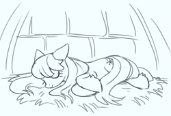 Size: 1129x767 | Tagged: safe, artist:marbo, oc, oc only, oc:frosty flakes, pony, /mlp/, black and white, eyes closed, female, grayscale, mare, monochrome, simple background, sketch, sleeping, smiling, snowpony (species), solo, taiga pony