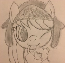 Size: 3016x2946 | Tagged: safe, artist:anonymous, imported from ponybooru, oc, oc only, oc:maple maven, /mlp/, bust, female, hat, looking at you, maple leaf, maple syrup, mare, monochrome, one eye closed, portrait, snowpony (species), solo, taiga pony, traditional art, ushanka, wink