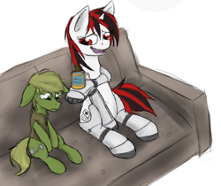 Size: 1280x1076 | Tagged: artist needed, source needed, safe, imported from ponybooru, oc, oc:blackjack, oc:murky, cyborg, pegasus, pony, unicorn, fallout equestria, fallout equestria: murky number seven, fallout equestria: project horizons, alcohol, couch, cuffs, fanfic art, playing card, sad, shackles, simple background, sitting, white background, wild pegasus, wild pegasus whisky