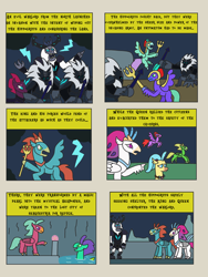 Size: 2448x3264 | Tagged: safe, artist:supahdonarudo, imported from derpibooru, princess skystar, queen novo, storm king, tempest shadow, oc, oc:king waverider, classical hippogriff, hippogriff, seapony (g4), storm creature, unicorn, yeti, comic:the day the mountain fell, my little pony: the movie, cloud, comic, dark clouds, invasion, lightning, pearl, queen novo's orb, spear, storm guard, trident, weapon