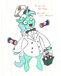 Size: 595x736 | Tagged: safe, artist:jargon scott, imported from derpibooru, lyra heartstrings, alicorn, pony, basket, bowtie, clothes, expensive imported oats, female, food, hoof hold, l.u.l.s., mare, oats, psychonauts, simple background, solo, that pony sure does love oats, this will end in chaos, uniform, white background