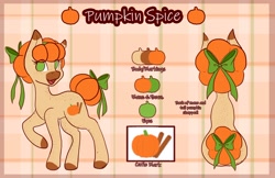Size: 1280x829 | Tagged: safe, artist:mscolorsplash, imported from derpibooru, oc, oc only, oc:pumpkin spice, oc:pumpkin spice (mscolorsplash), earth pony, pony, bow, coat markings, female, freckles, hair bow, mare, no pupils, reference sheet, solo, tail bow, tail bun