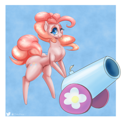 Size: 2500x2500 | Tagged: safe, artist:inkypuso, imported from derpibooru, pinkie pie, earth pony, pony, ;p, balloonbutt, bipedal, bipedal leaning, butt, female, high res, leaning, mare, one eye closed, party cannon, plot, solo, thighs, thunder thighs, tongue out, wink