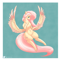 Size: 2500x2500 | Tagged: safe, artist:inkypuso, imported from derpibooru, fluttershy, pegasus, pony, belly button, bottom heavy, cute, daaaaaaaaaaaw, female, high res, looking away, mare, pubic mound, shyabetes, solo, spread wings, wide hips, wings