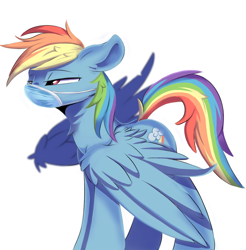 Size: 1182x1200 | Tagged: safe, artist:sketchiix3, imported from derpibooru, rainbow dash, pegasus, pony, coronavirus, covid-19, mask, rainbow dash is not amused, simple background, solo, surgical mask, unamused, white background