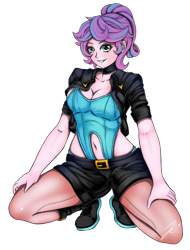 Size: 1280x1680 | Tagged: safe, artist:jennobasilicum, imported from derpibooru, princess flurry heart, equestria girls, alternate hairstyle, belly button, belt, boots, choker, clothes, corset, equestria girls-ified, female, grin, jacket, leather jacket, midriff, older, older flurry heart, shoes, shorts, simple background, smiling, solo, transparent background