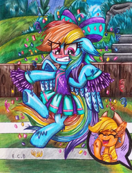 Size: 1280x1679 | Tagged: safe, artist:estrellasombria, imported from derpibooru, applejack, rainbow dash, pony, blushing, bow, cheerleader, cheerleader outfit, cheerleader rainbow dash, clothes, colored pencil drawing, embarrassed, gritted teeth, laughing, rainbow dash always dresses in style, skirt, traditional art