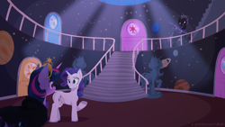 Size: 1920x1080 | Tagged: safe, artist:willoillo, imported from derpibooru, rarity, twilight sparkle, oc, oc:incantation, alicorn, changeling, pony, unicorn, fanfic:the enchanted kingdom, changeling oc, fanfic art, female, lesbian, rarilight, shipping, trio