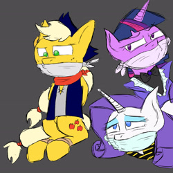 Size: 2952x2952 | Tagged: safe, artist:gagpal3, imported from derpibooru, applejack, rarity, twilight sparkle, alicorn, earth pony, pony, unicorn, the count of monte rainbow, arm behind back, bondage, bound and gagged, bowtie, cloth gag, clothes, crossover, danglajacks, danglars, female, gag, gray background, help us, high res, jacket, lidded eyes, mare, mondego, monsparkle, neckerchief, rarifort, shirt, simple background, the count of monte cristo, trio, trio female, twilight sparkle (alicorn), uniform, vest, villefort