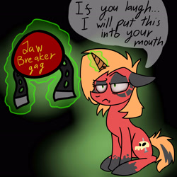 Size: 2952x2952 | Tagged: safe, artist:gagpal3, imported from derpibooru, oc, oc only, oc:cristina, pony, unicorn, ballgag, black background, female, floppy ears, gag, glowing horn, green outline, high res, horn, levitation, lidded eyes, magic, magic aura, mare, ponified, ponified oc, simple background, sitting, solo, speech bubble, telekinesis, threat, unamused