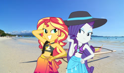 Size: 2331x1380 | Tagged: safe, artist:nathanamiel, imported from derpibooru, rarity, sunset shimmer, human, pony, equestria girls, equestria girls series, forgotten friendship, beach, belly button, bikini, clothes, duo, duo female, female, hat, irl, photo, ponies in real life, sarong, summer, sun hat, swimsuit