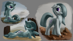 Size: 4000x2250 | Tagged: safe, artist:flusanix, imported from derpibooru, marble pie, earth pony, pony, cute, eyes closed, female, lying down, marblebetes, mare, prone, smiling, solo