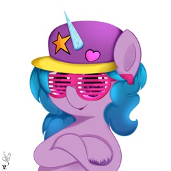 Size: 2000x2000 | Tagged: safe, artist:daftramms, imported from derpibooru, izzy moonbow, pony, spoiler:g5, baseball cap, cap, crossed hooves, g5, hat, high res, izzy the rapper, rapper, shutter shades, simple background, solo, sunglasses, white background