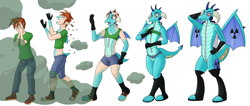 Size: 7220x3050 | Tagged: safe, artist:siblgi, imported from derpibooru, princess ember, dragon, human, balding, biohazard, boots, clothes, cloud, gloves, hand on hip, hazmat suit, human to dragon, living suit, nuclear, shoes, transformation, transformation sequence, transgender transformation, wing growth, zipper