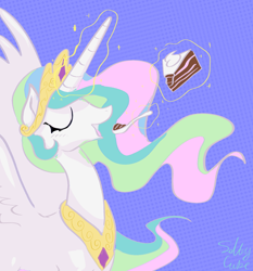 Size: 1422x1528 | Tagged: safe, artist:saltycube, derpibooru exclusive, imported from derpibooru, princess celestia, alicorn, pony, abstract background, cake, cakelestia, eating, eyes closed, female, food, herbivore, magic, mare, open mouth, solo, spoon