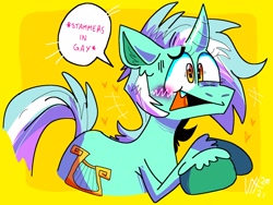 Size: 2048x1536 | Tagged: safe, artist:icky_slicky, imported from derpibooru, lyra heartstrings, pony, unicorn, blushing, colored hooves, curved horn, dialogue, dork, heart, horn, implied lesbian, open mouth, solo, trolling, unshorn fetlocks