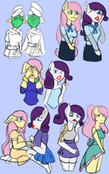 Size: 800x1280 | Tagged: safe, artist:mintymelody, imported from derpibooru, fluttershy, rarity, anthro, bathrobe, blue background, clothes, covering eyes, dress, female, flarity, lesbian, lipstick, mud mask, robe, shipping, simple background, towel, towel on head