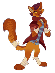 Size: 960x1280 | Tagged: safe, artist:faunsipaws, imported from derpibooru, capper dapperpaws, abyssinian, arm wraps, chest fluff, clothes, leg wraps, male, redesign, simple background, solo, tail, tail wrap, transparent background