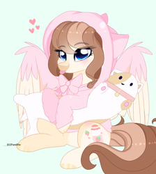 Size: 4500x5016 | Tagged: safe, artist:2pandita, imported from derpibooru, oc, oc only, pegasus, pony, absurd resolution, blue background, clothes, female, hoodie, mare, plushie, simple background, solo