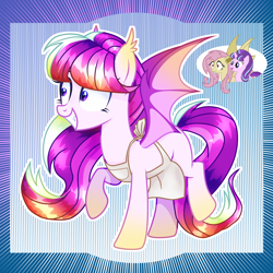 Size: 2048x2048 | Tagged: safe, artist:keeka-snake, imported from derpibooru, fluttershy, starlight glimmer, oc, bat pony, apron, bat ponified, clothes, female, flutterbat, high res, magical lesbian spawn, mare, offspring, parent:fluttershy, parent:starlight glimmer, race swap