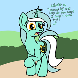 Size: 2000x2000 | Tagged: safe, artist:dafiltafish, imported from derpibooru, lyra heartstrings, pony, unicorn, confused, dialogue, female, high res, looking at you, mare, open mouth, raised hoof, snowpity, solo, text