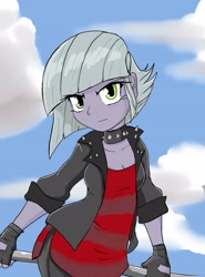 Size: 3090x4170 | Tagged: safe, artist:a.s.e, imported from derpibooru, limestone pie, equestria girls, angry, clothes, collar, equestria girls-ified, female, fingerless gloves, gloves, looking at you, sky background, solo, spiked collar