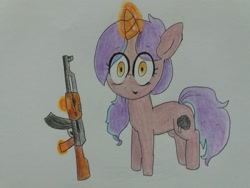 Size: 2064x1548 | Tagged: safe, artist:cherro, imported from derpibooru, oc, oc only, oc:love scene, pony, unicorn, ak-47, assault rifle, gun, magic, rifle, solo, telekinesis, traditional art, weapon