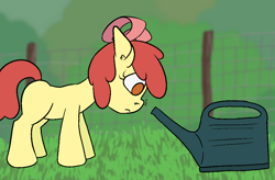 Size: 1024x671 | Tagged: safe, artist:happy harvey, imported from derpibooru, apple bloom, earth pony, pony, bow, colored pupils, ear fluff, female, fence, filly, floppy ears, grass, hair bow, phone drawing, smol, sniffing, watering can