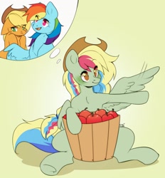 Size: 2001x2160 | Tagged: safe, artist:pledus, imported from derpibooru, applejack, rainbow dash, oc, oc:zap-apple jam, earth pony, pegasus, pony, apple, appledash, applejack's hat, blushing, bucket, clothes, commissioner:bigonionbean, cowboy hat, cutie mark, embarrassed, female, food, freckles, fusion, fusion:rainbow dash, hair bun, hat, high res, mare, parent:applejack, parent:rainbow dash, stetson, thought bubble, writer:bigonionbean