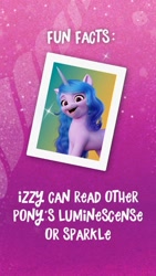 Size: 828x1472 | Tagged: safe, imported from derpibooru, izzy moonbow, pony, unicorn, fact, female, g5, instagram story, luminescense, mare, misspelling, my little pony: a new generation, official, solo, sparkle, text