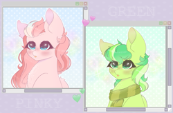 Size: 795x523 | Tagged: safe, artist:saltyvity, imported from derpibooru, oc, pegasus, pony, blue eyes, blushing, clothes, commission, cute, green eyes, heart, paint tool sai, scarf, sparkles, ych example, ych result, your character here