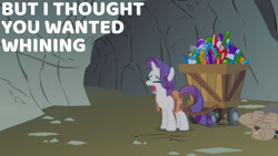 Size: 1280x720 | Tagged: safe, edit, edited screencap, editor:quoterific, imported from derpibooru, screencap, rarity, spot, diamond dog, pony, unicorn, a dog and pony show, season 1, caption, eyes closed, female, gem, gem cave, horn, mare, open mouth, shadow, standing, text, wagon