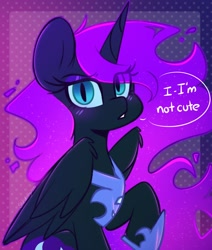 Size: 2184x2574 | Tagged: safe, artist:sakukitty, imported from derpibooru, nightmare moon, alicorn, pony, abstract background, adorkable, blatant lies, blushing, cute, denial, dialogue, dork, ethereal mane, eye clipping through hair, eyelashes, eyeshadow, false, feathered wings, featured image, female, folded wings, frown, gritted teeth, high res, hoof shoes, horn, i'm not cute, jewelry, lidded eyes, lies, looking at you, makeup, mare, missing accessory, moonabetes, nicemare moon, pink mane, raised hoof, regalia, sitting, solo, speech bubble, starry mane, talking, talking to viewer, tsundere, weapons-grade cute, wing fluff, wings