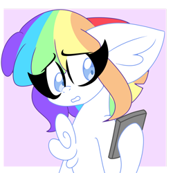 Size: 1280x1280 | Tagged: safe, artist:ladylullabystar, imported from derpibooru, oc, oc only, oc:vanilla sprinkles, pegasus, pony, big ears, cellphone, chest fluff, colored pupils, female, mare, multicolored hair, phone, rainbow hair, smartphone, solo