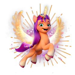 Size: 1400x1400 | Tagged: safe, edit, imported from derpibooru, sunny starscout, alicorn, earth pony, pony, spoiler:g5, alicornified, artificial alicorn, artificial horn, artificial wings, augmented, badge, bag, female, g5, looking at you, magic, magic horn, magic wings, mare, my little pony: a new generation, official, race swap, satchel, shadow, simple background, solo, sunnycorn, transparent background, wings