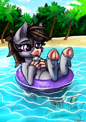 Size: 3508x4961 | Tagged: safe, artist:kruszynka25, imported from derpibooru, oc, oc only, oc:luxor, classical hippogriff, hippogriff, beach, commission, cute, inflatable, inner tube, milkshake, underhoof, unshorn fetlocks, ych result