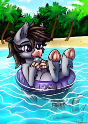 Size: 3508x4961 | Tagged: safe, alternate version, artist:kruszynka25, imported from derpibooru, oc, oc only, oc:luxor, classical hippogriff, hippogriff, beach, commission, cute, inflatable, inner tube, milkshake, transparent, underhoof, unshorn fetlocks, ych result