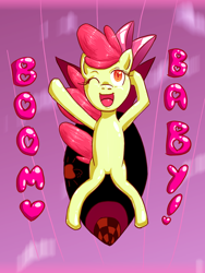 Size: 1148x1528 | Tagged: safe, artist:borbonne-le-bonne, imported from derpibooru, apple bloom, earth pony, pony, female, filly, kuzco, one eye closed, open mouth, open smile, riding a bomb, smiling, solo, the emperor's new groove
