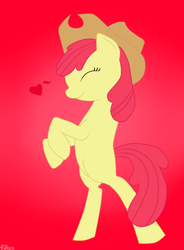 Size: 1400x1900 | Tagged: safe, artist:spitfire-fan, imported from derpibooru, apple bloom, earth pony, pony, applejack's hat, bipedal, blank flank, cowboy hat, eyes closed, female, filly, hat, heart, red background, simple background, solo